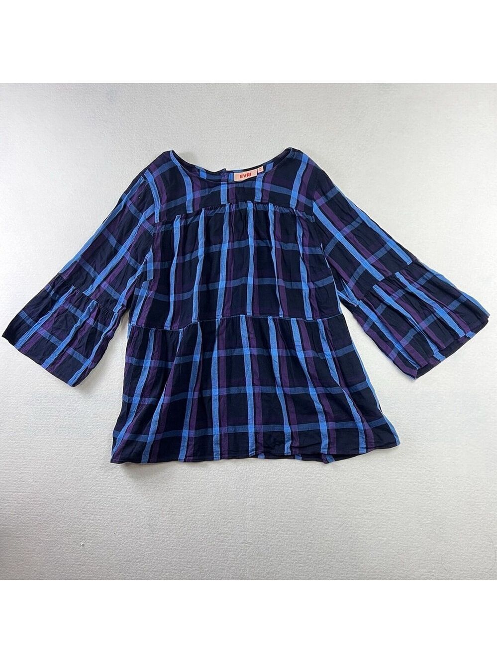 Evri Tunic Popover Top Plaid Blue Lightweight 3/4 Bell Sleeve 2X Women Crew Neck